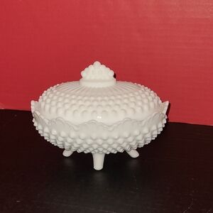Fenton White Milk Glass Hobnail Oval Footed Covered Candy Dish with Lid Vintage